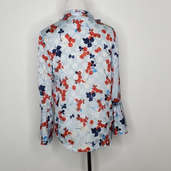 Zara Keyhole Neck Ruffle Trim Blouse Blue Floral Long Sleeve XS - Picture 3 of 10